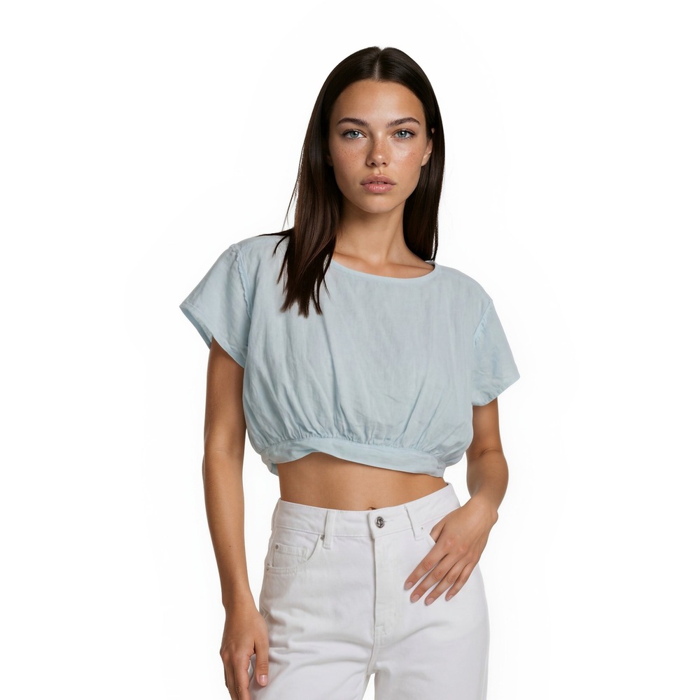 We The Free Crop Top Women's Size Medium Blue Linen Blend Elastic Hem